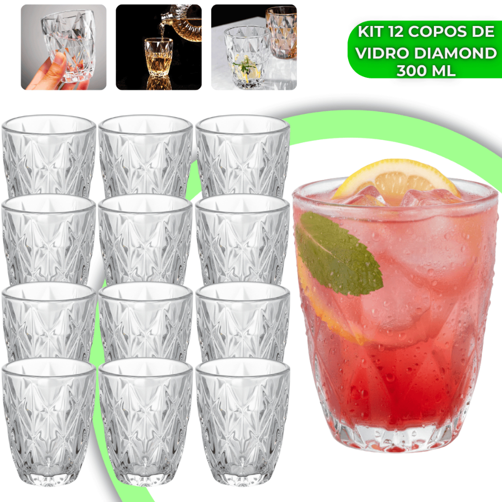 Jogo 12 Copos Diamond 300ml Vidro Grosso Diamante 