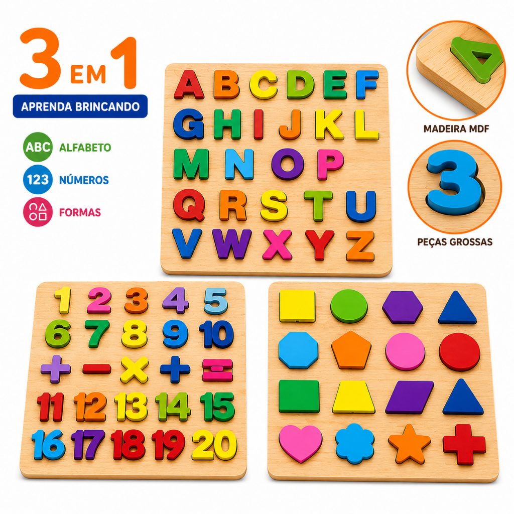 Kit Aprenda Brincando Educativo 3 em 1 Madeira Alf