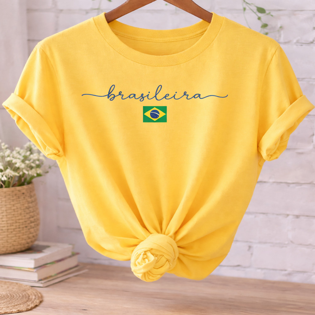 Camiseta Feminina Brasileira Amarela Estampa Brasi