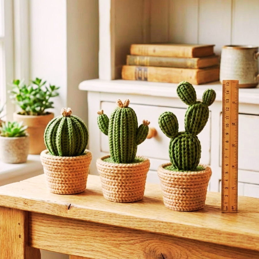Kit 3 Cactos decoração Efeito Tricô 3D com Vaso