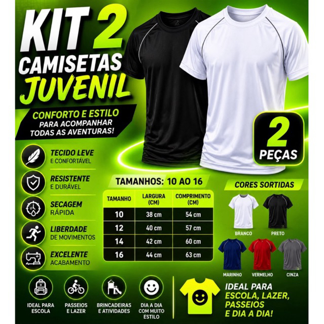 KIT 2 CAMISETAS Juvenil  DRY FIT  Conforto, qualid