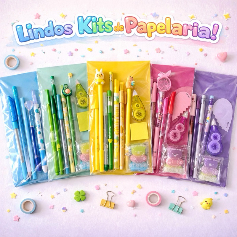 Kit papelaria das cores 12 itens fofos sortidos pr