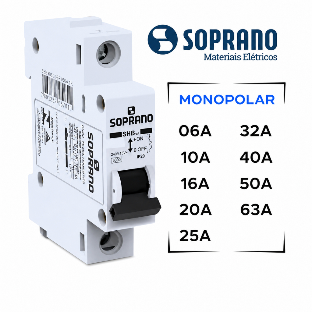 Disjuntor Monopolar 1 Polo 6A 10A 16A 20A 25A 32A 