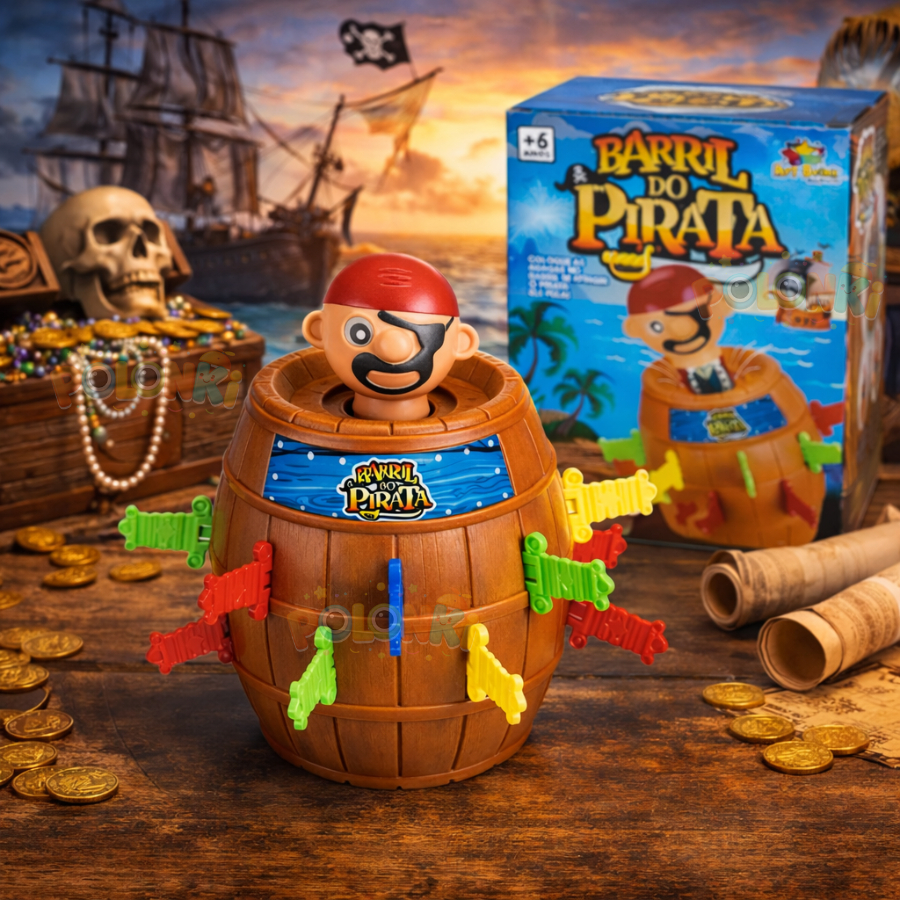 Jogo Pula Pirata Barril Grande Com 10x16cm e 16 Es