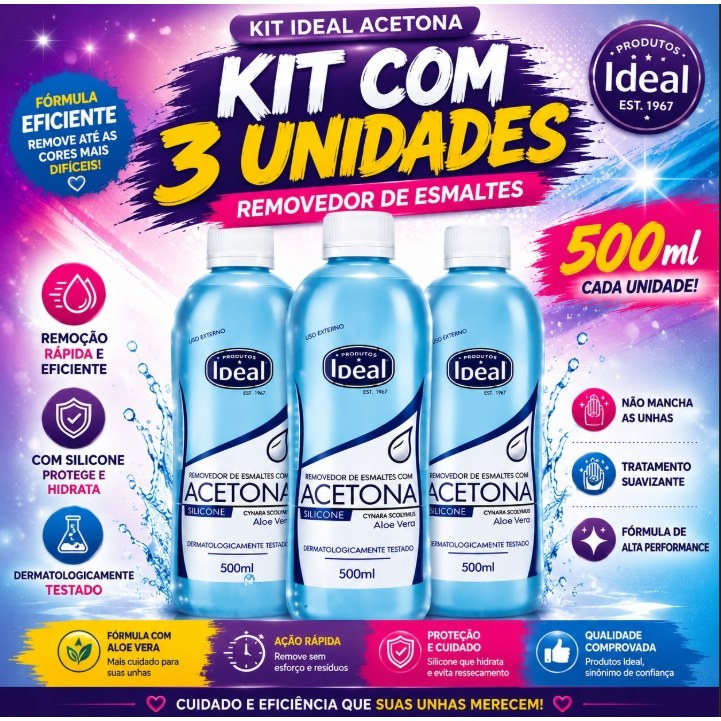 KIT C/3 Removedor de Esmalte/Acetona Ideal 500ml