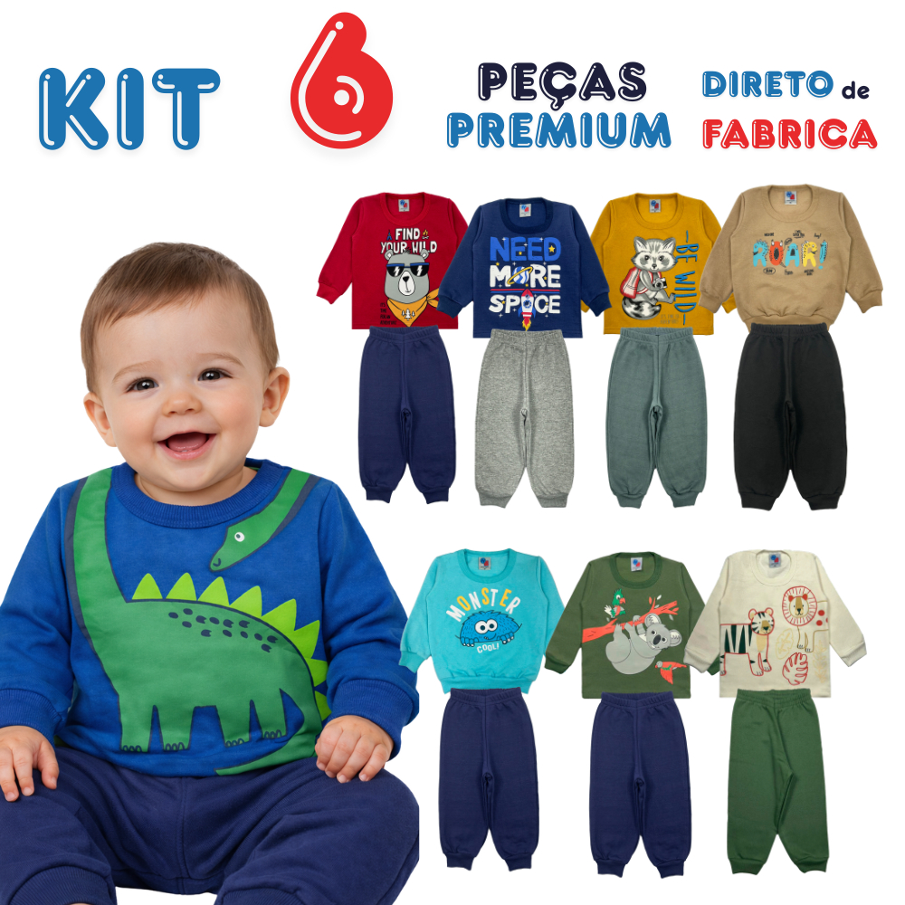 Kit  6 Peças Bebê Menino Inverno Moletom Felpado