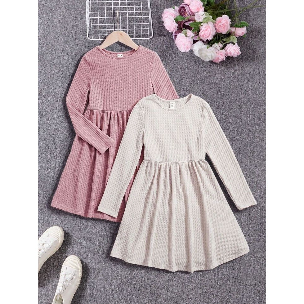 Vestido Infantil Manga Longa Canelado Algodão Con
