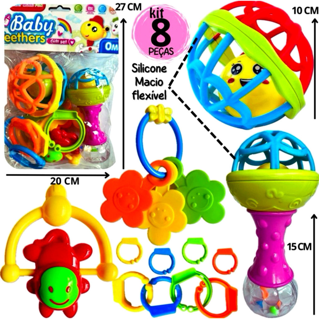 Kit Chocalho e Mordedor Bebê 8 Peças Colorido Si
