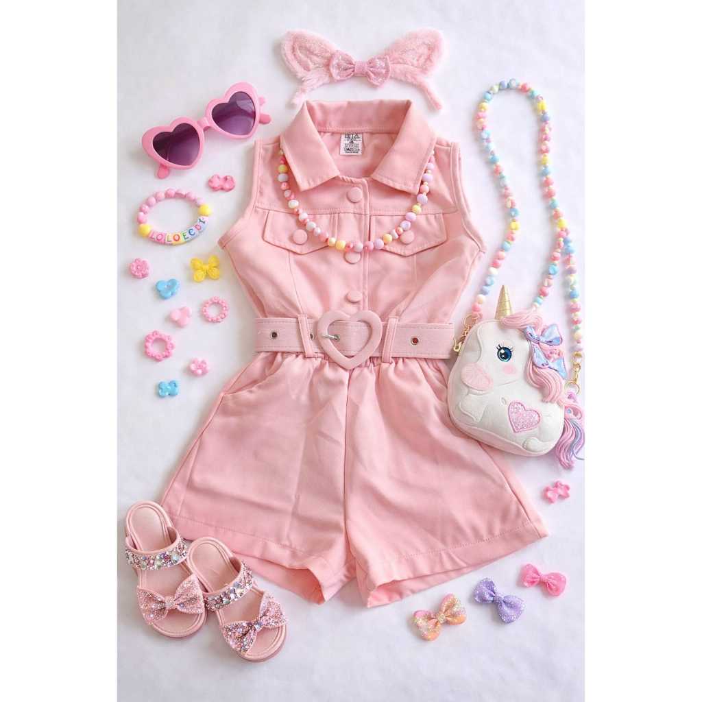 macacão curto infantil Feminino Elegante com cint
