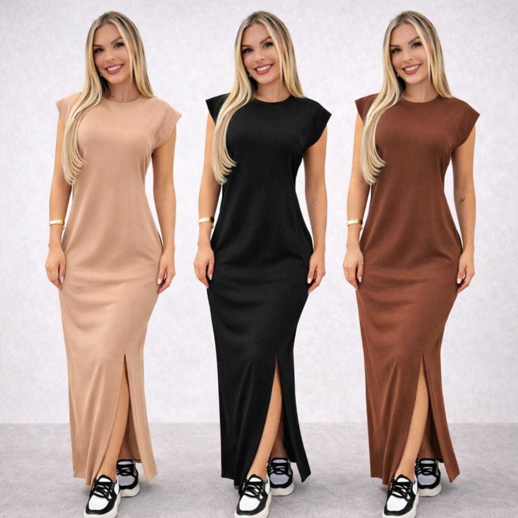 Vestido longo casual basico feminino ribana canela