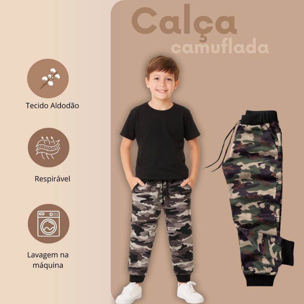 Calça camuflada infantil e juvenil unissex –