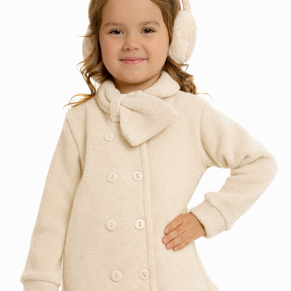 Casaco Infantil Bouclê Creme Gola Laço Com Botõ