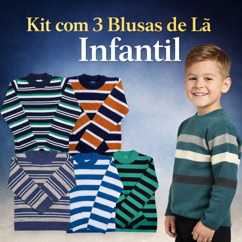 Kit com 3 Blusas de Tricot Lã Masculina Infantil/