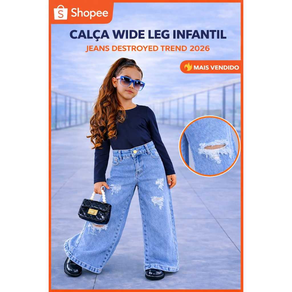 Calça Wide Leg Infantil Jeans Destroyed Menina Es