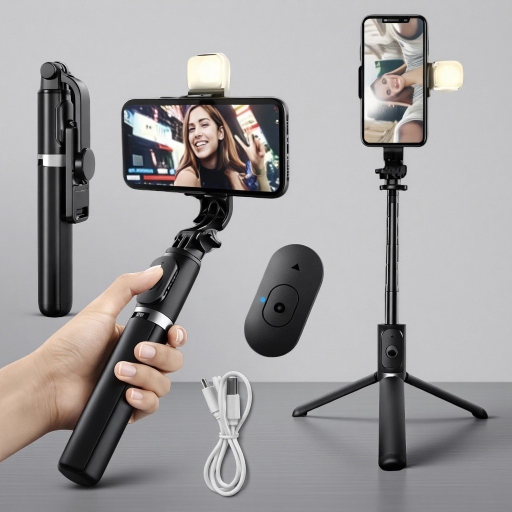 Tripé para selfie 360° com luz LED e controle Bl