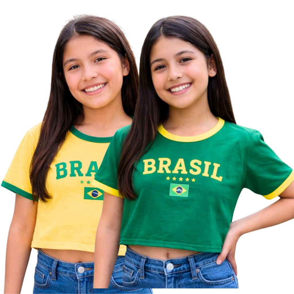 Kit 2 Cropped Infanto Juvenil Brasil Blusa Menina