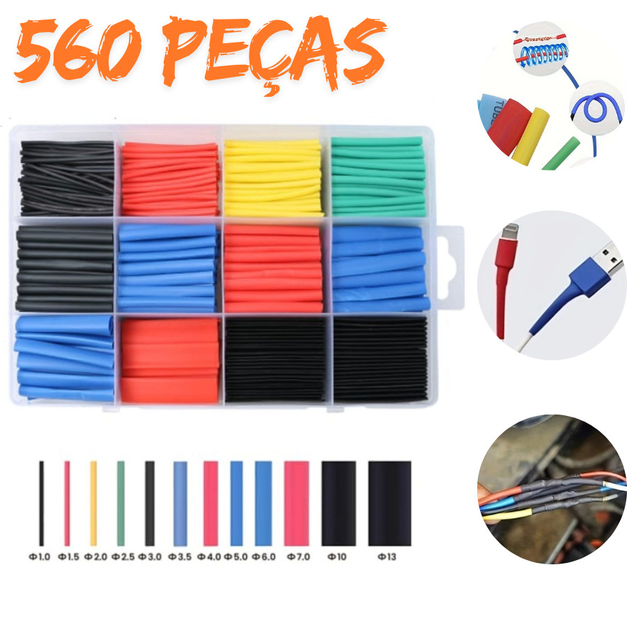 Kit 560 Peças Tubo Termo Retrátil Preto Ou Color