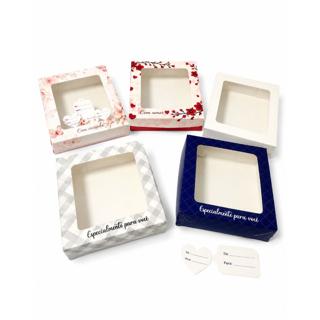 Caixa de Presente com Visor e TAGs 17x17x5cm cosm�