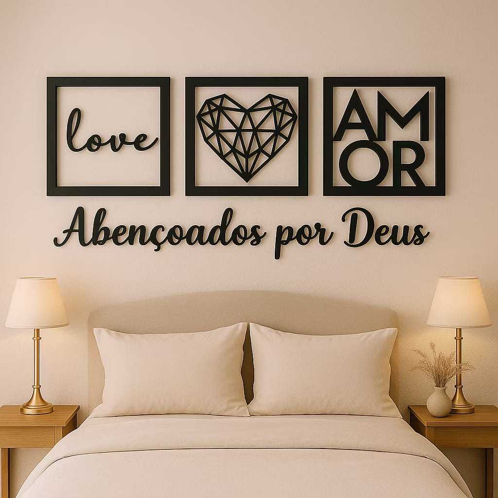Kit 3 Quadros Love Coração Geométrico Amor + Fr