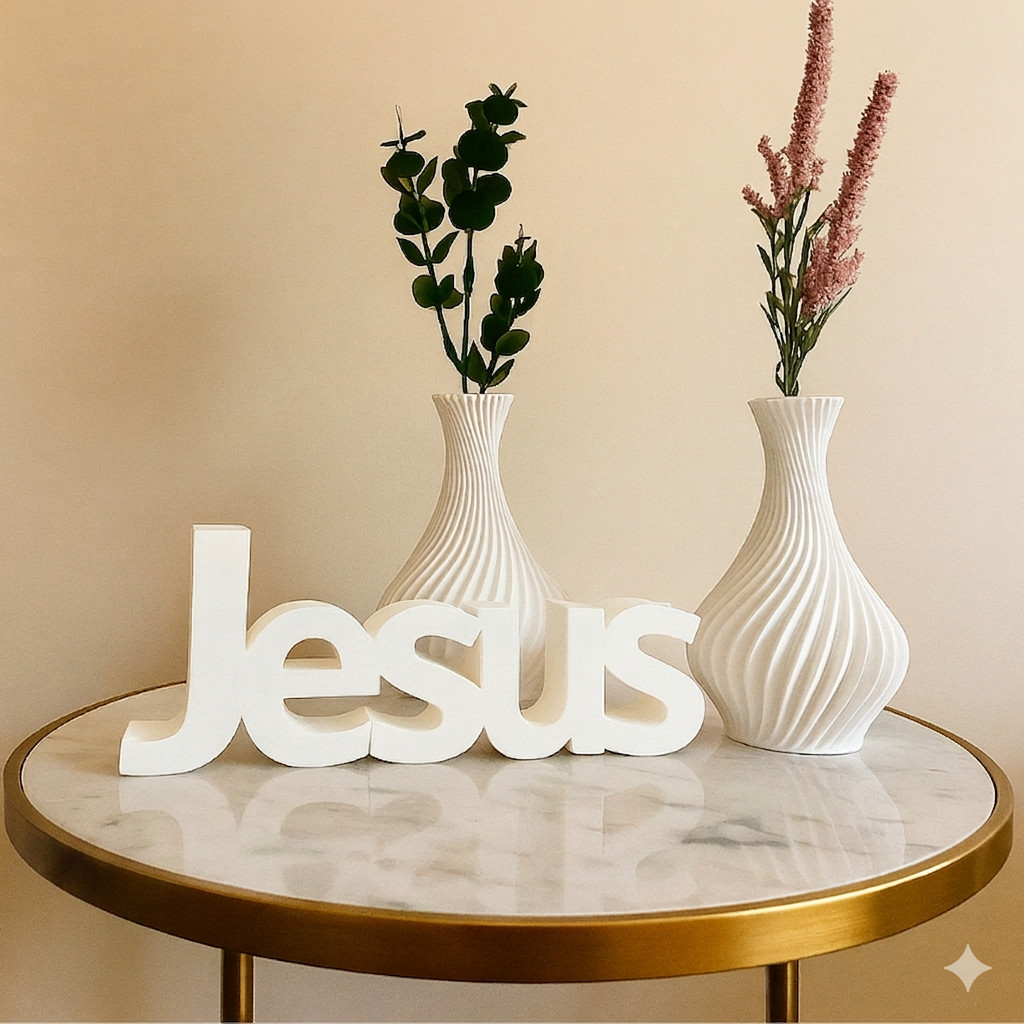 Kit Decorativo Vaso Palavra Jesus para Sala Mesa E