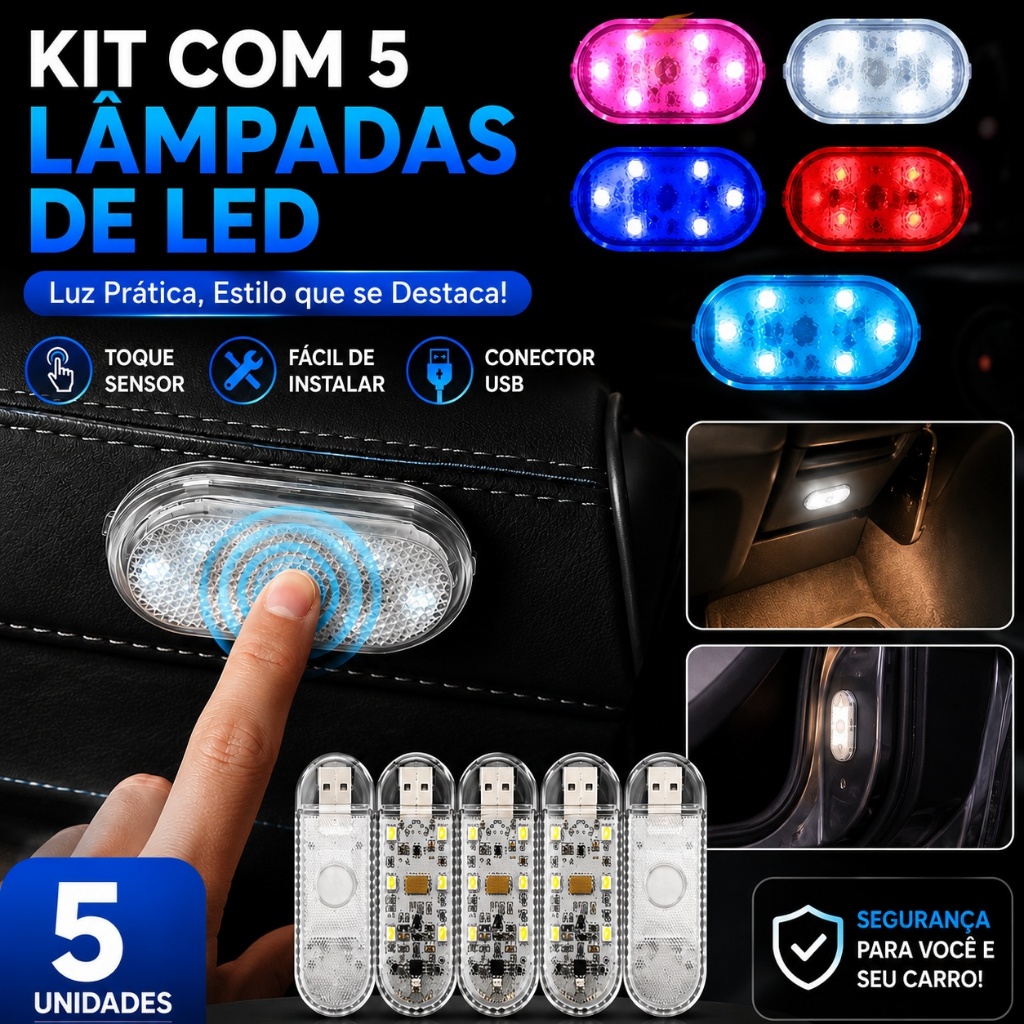 Kit 5 Lâmpadas LED USB Portátil Recarregável co