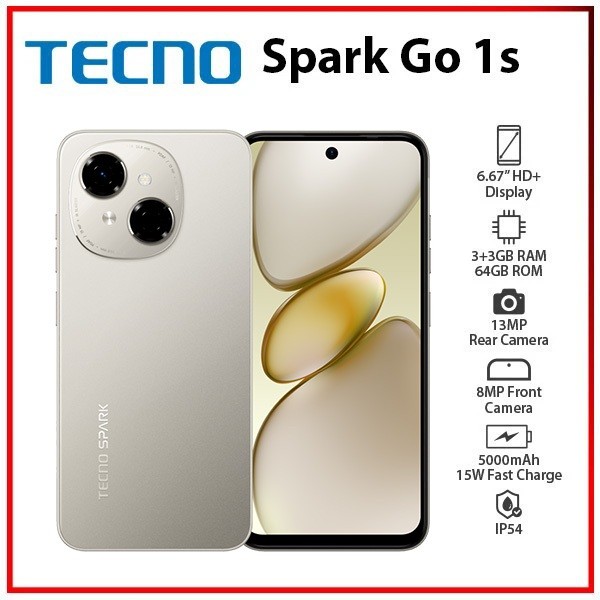 (Novo) Tecno Spark Go 1S Dourado 64GB 3GB RAM Tela
