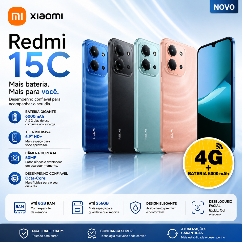 (Novo) Câmera Xiaomi Redmi 15C azul 8GB+256GB RAM