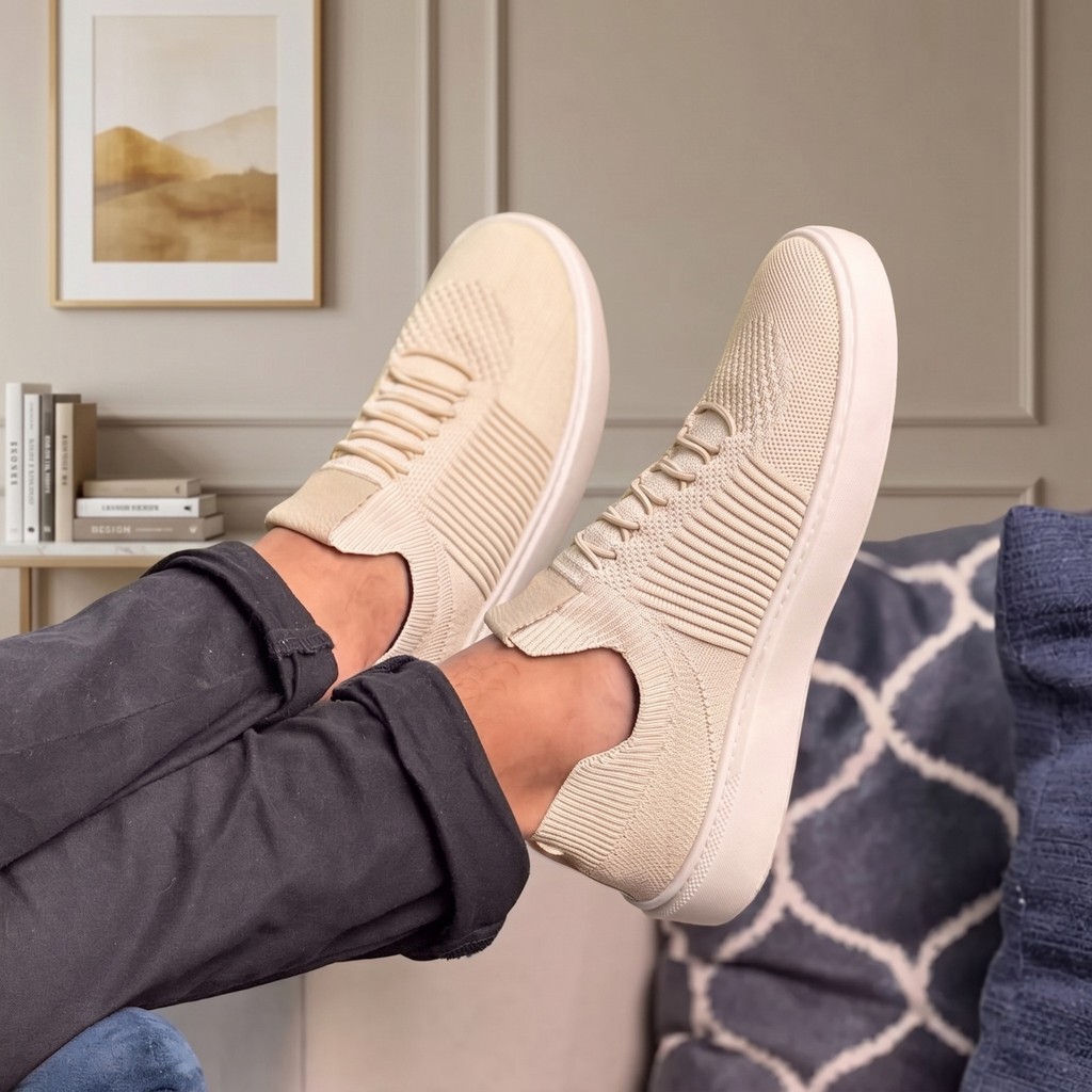 Tênis Slip On Masculino em Malha Knit Cinza com C
