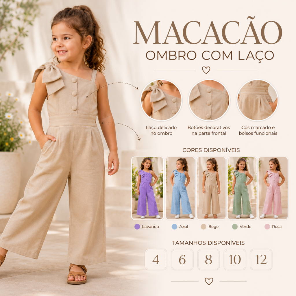 Macacão Ombro com Laço Infantil Pantalona Elegan