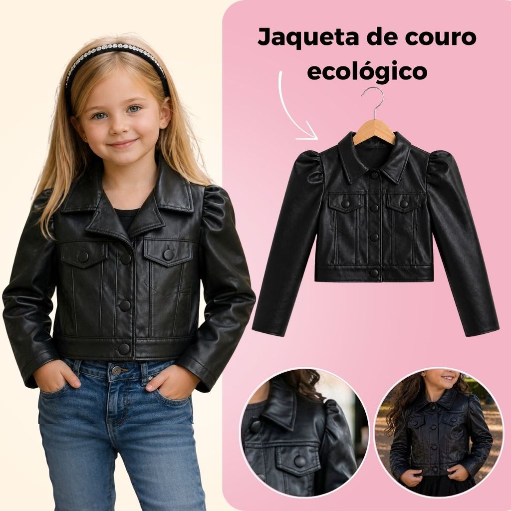 Jaqueta Infantil Feminina Couro ecologico Preta Es