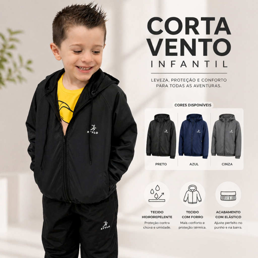 Jaqueta Corta-Vento Infantil Unissex Forrada Quent