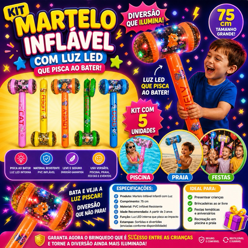 kit 5/10/20 Martelos Infláveis com Luz LED Infant