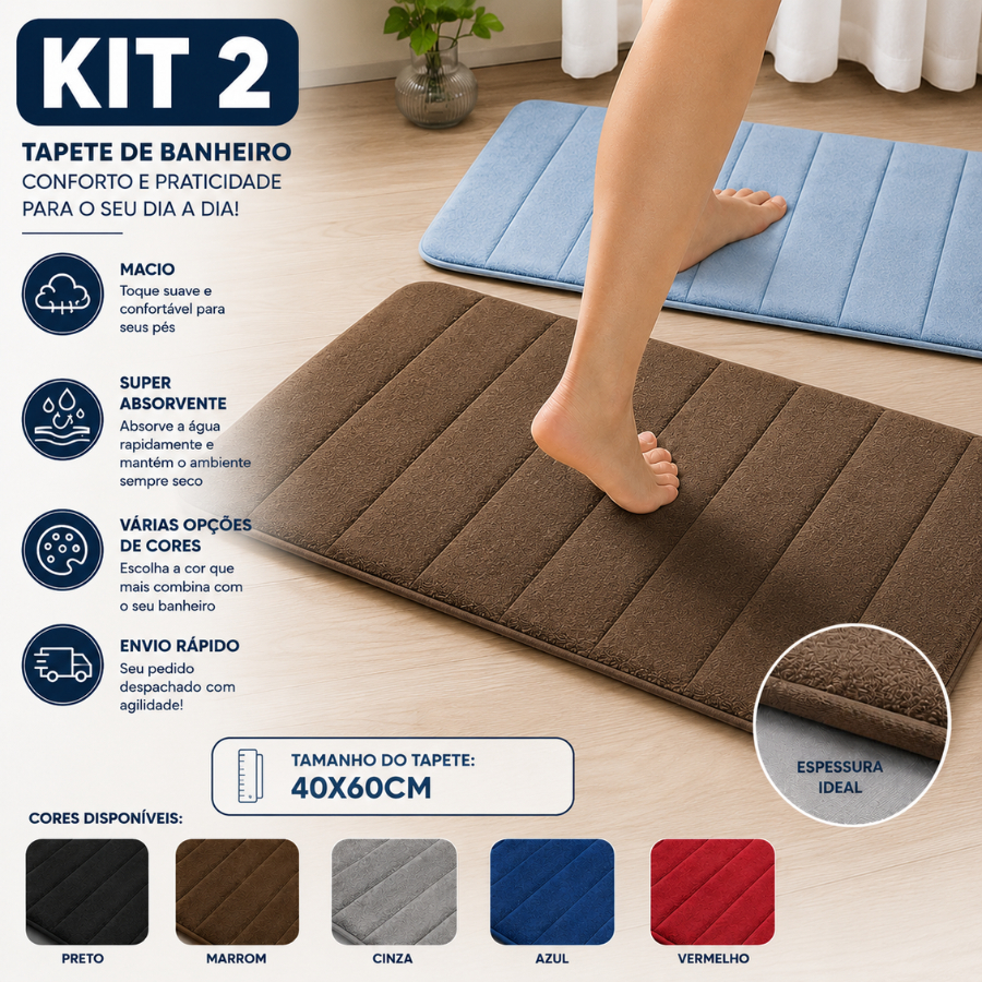 Kit com 2 Tapete Antiderrapante Absorvente Banheir
