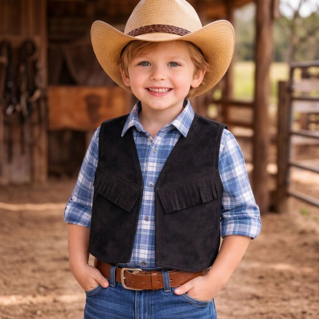 Colete Preto Camurça Cowboy Fantasia Infantil Env