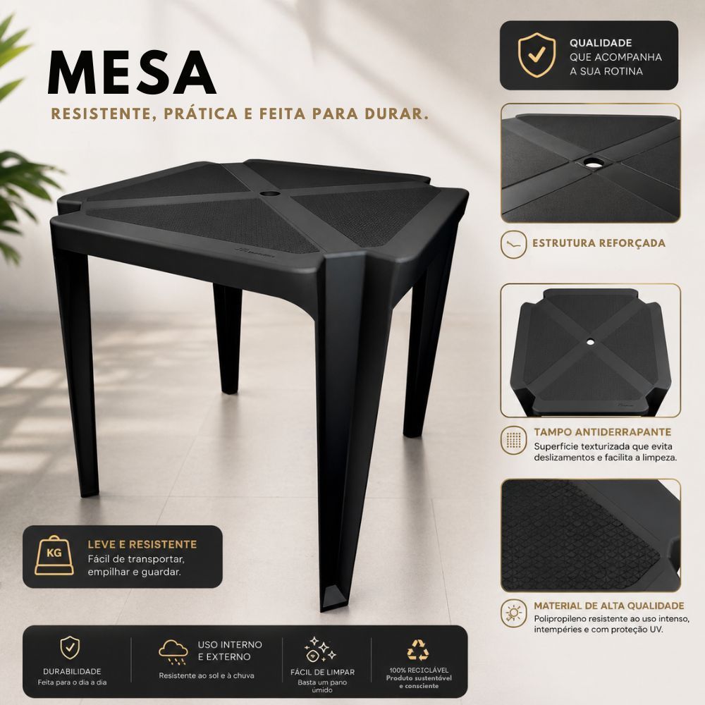 Mesa de Plástico Monobloco Preta para Jardim e Co