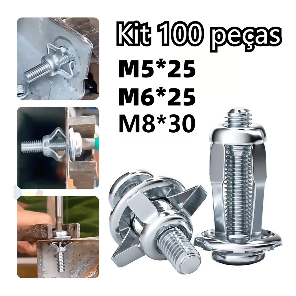 Kit 100 Grampos Rebite de Expansão Metal Aço M8/