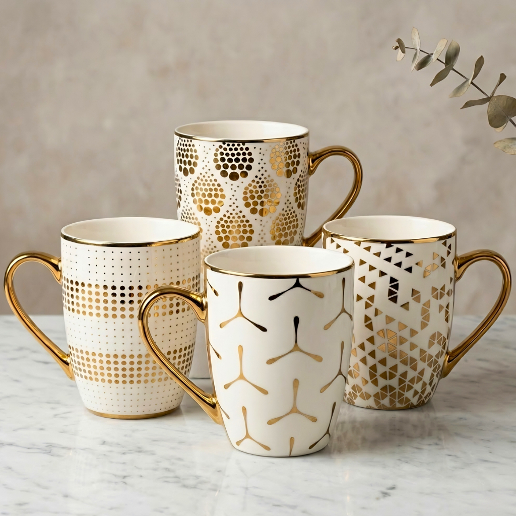 kit c/ 4 canecas com estampas, dourada, cerâmica 