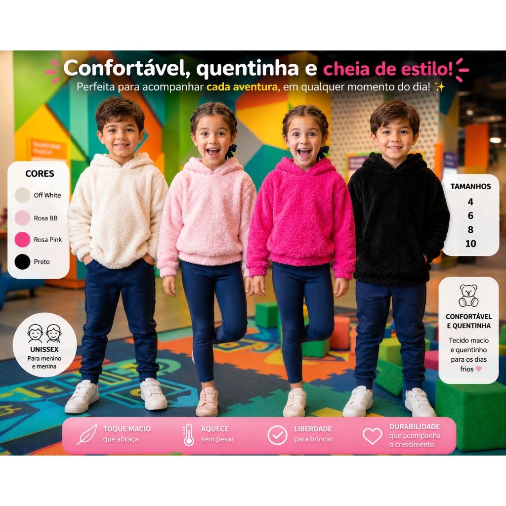 Blusa de Frio Infantil Com Capuz Teddy Casaco Inve