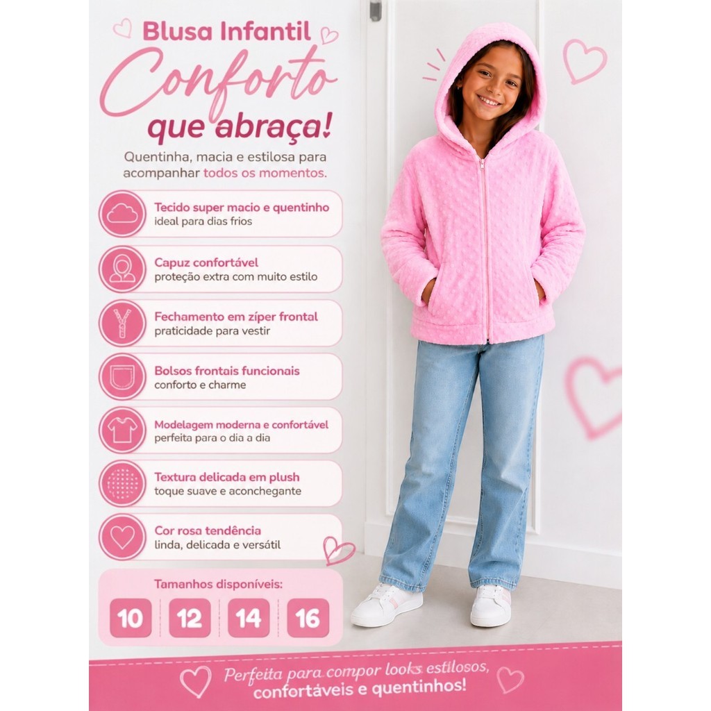 Jaqueta Infantil Feminina Plush Rosa com Capuz e B