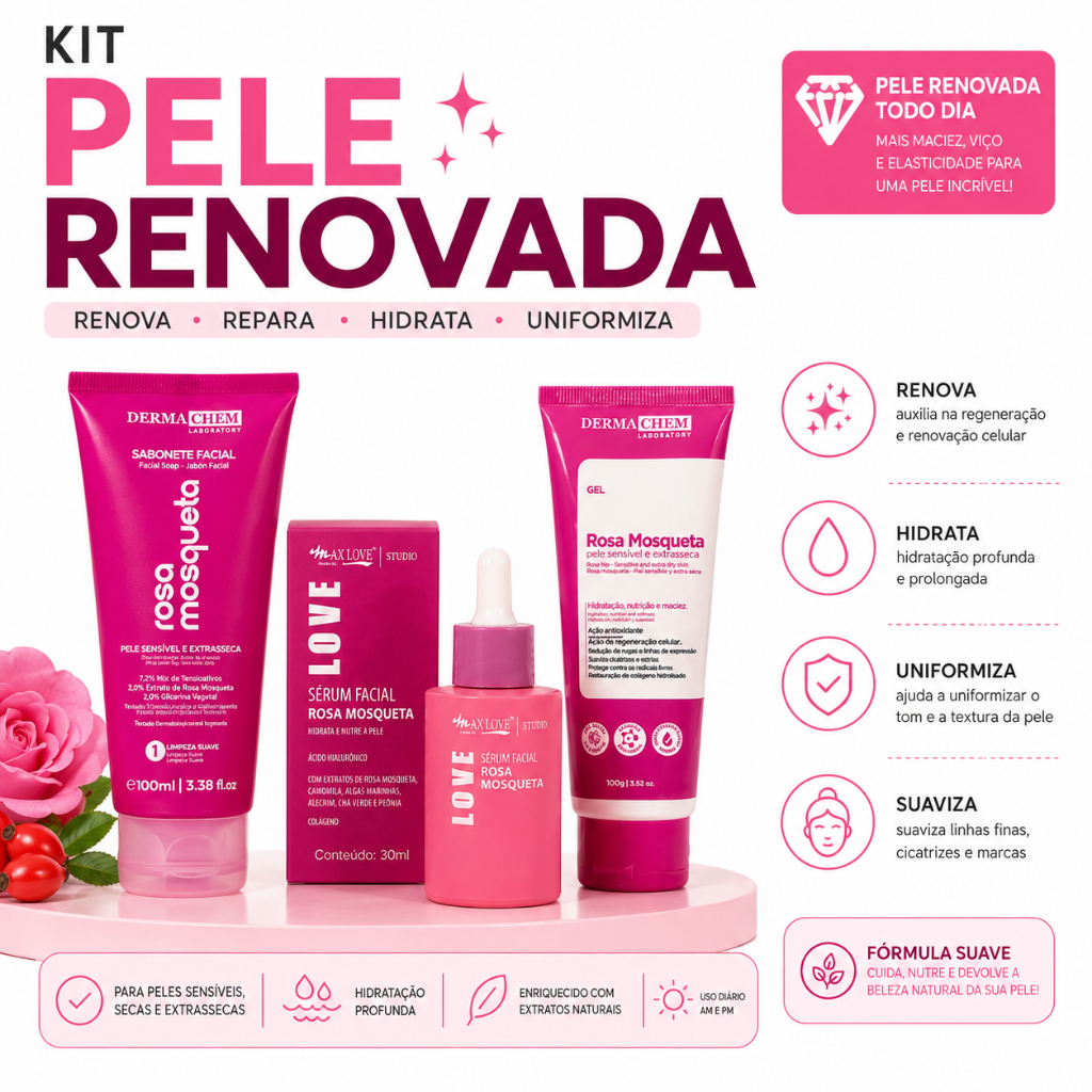 Kit rosa mosqueta skincare limpeza de pele cuidado
