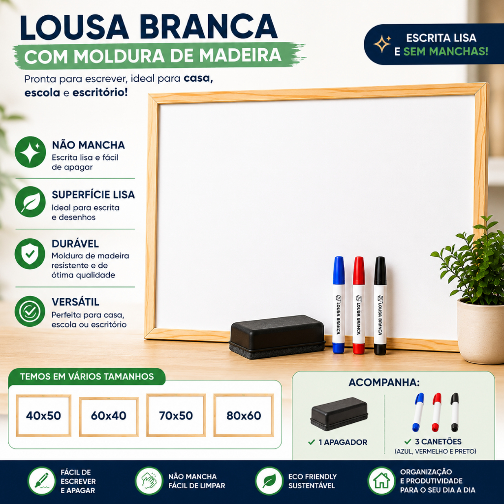 Lousa Branca de Madeira Não Mancha + Kit Completo
