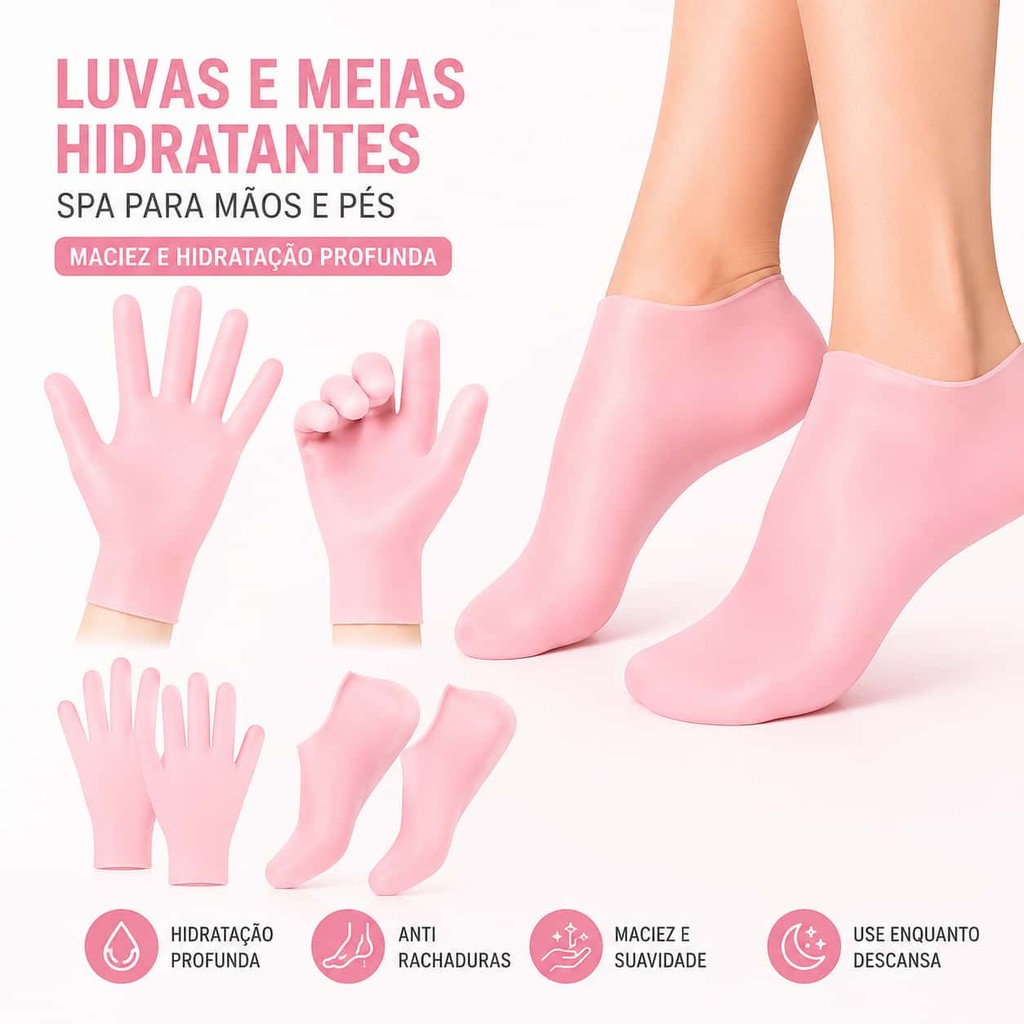 Kit Luvas e Meias Silicone Hidratante Spa Anti Rac