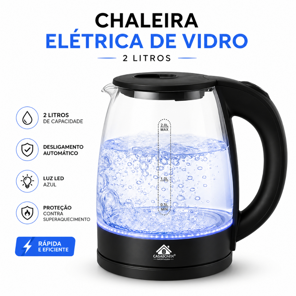 Chaleira Jarra Elétrica de Vidro 2L com Desligame