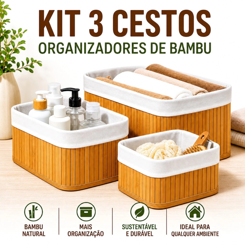 Kit 3 Cestos Organizadores de Bambu Multiuso com F