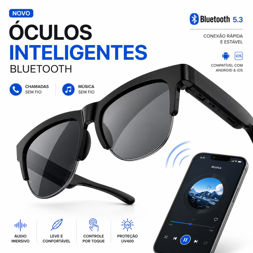 Óculos Inteligentes Esportivos Bluetooth com Mús