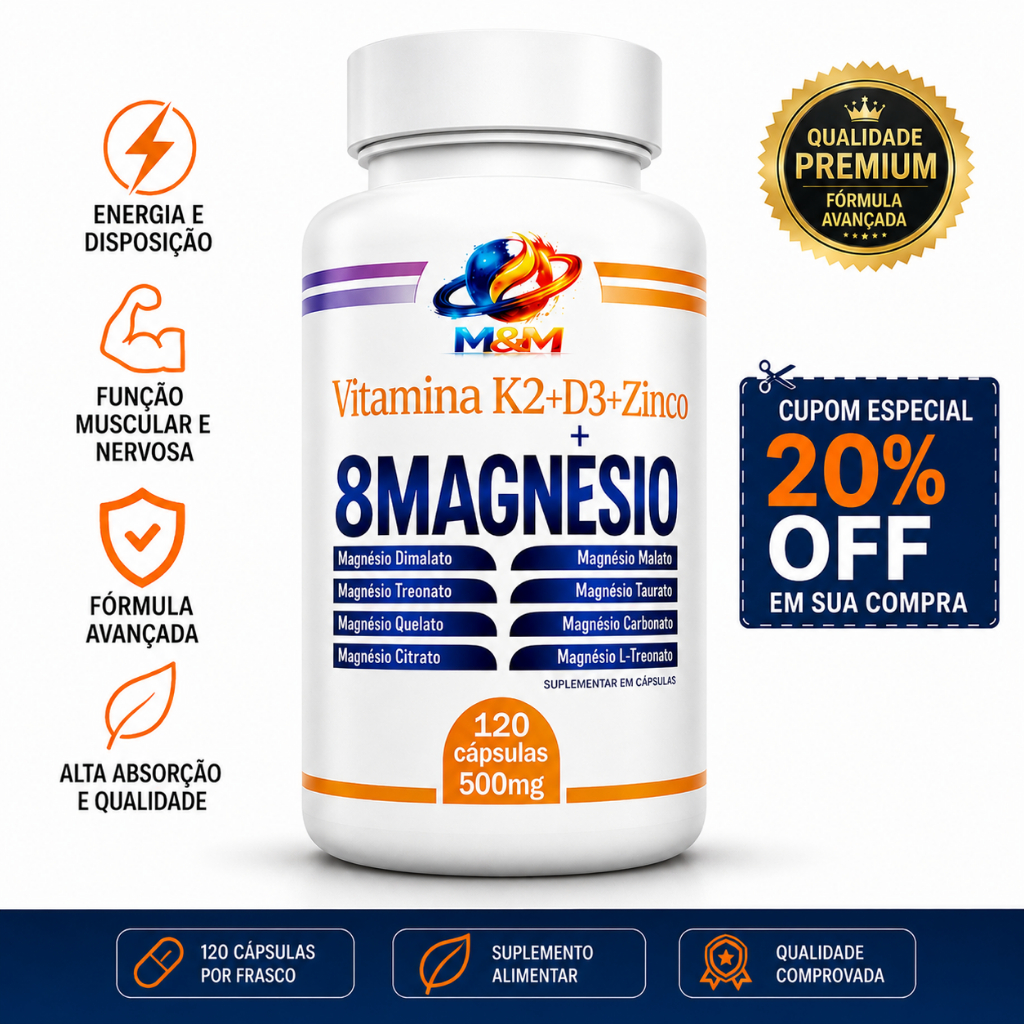 8 Magnésios + Vitamina K2 e D3 + Zinco | 120 Cáp