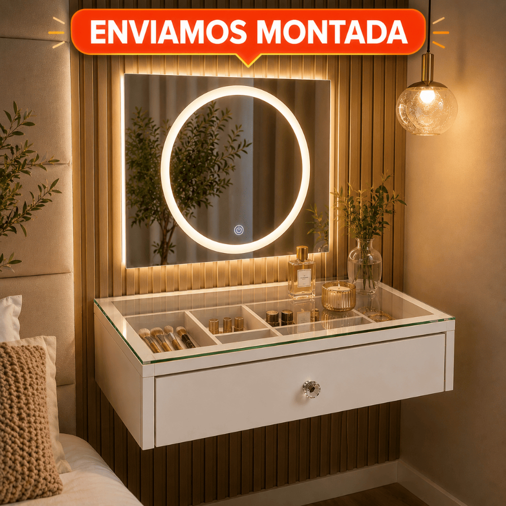 Penteadeira de vidro 80cm C/Divisorias Gaveta Susp