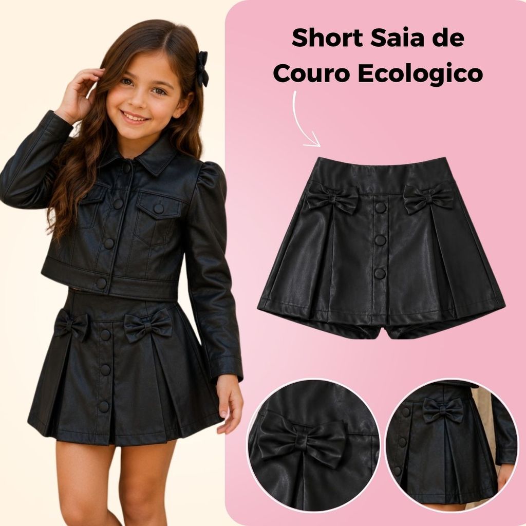 Short Saia Infantil Feminino Couro Courino Laço M