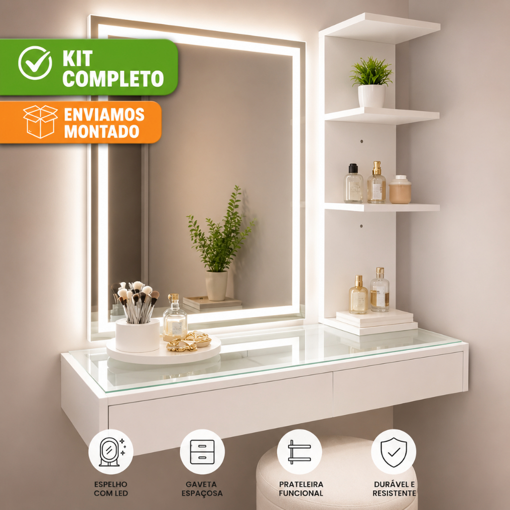 Kit Penteadeira de Vidro com Espelho LED e Pratele