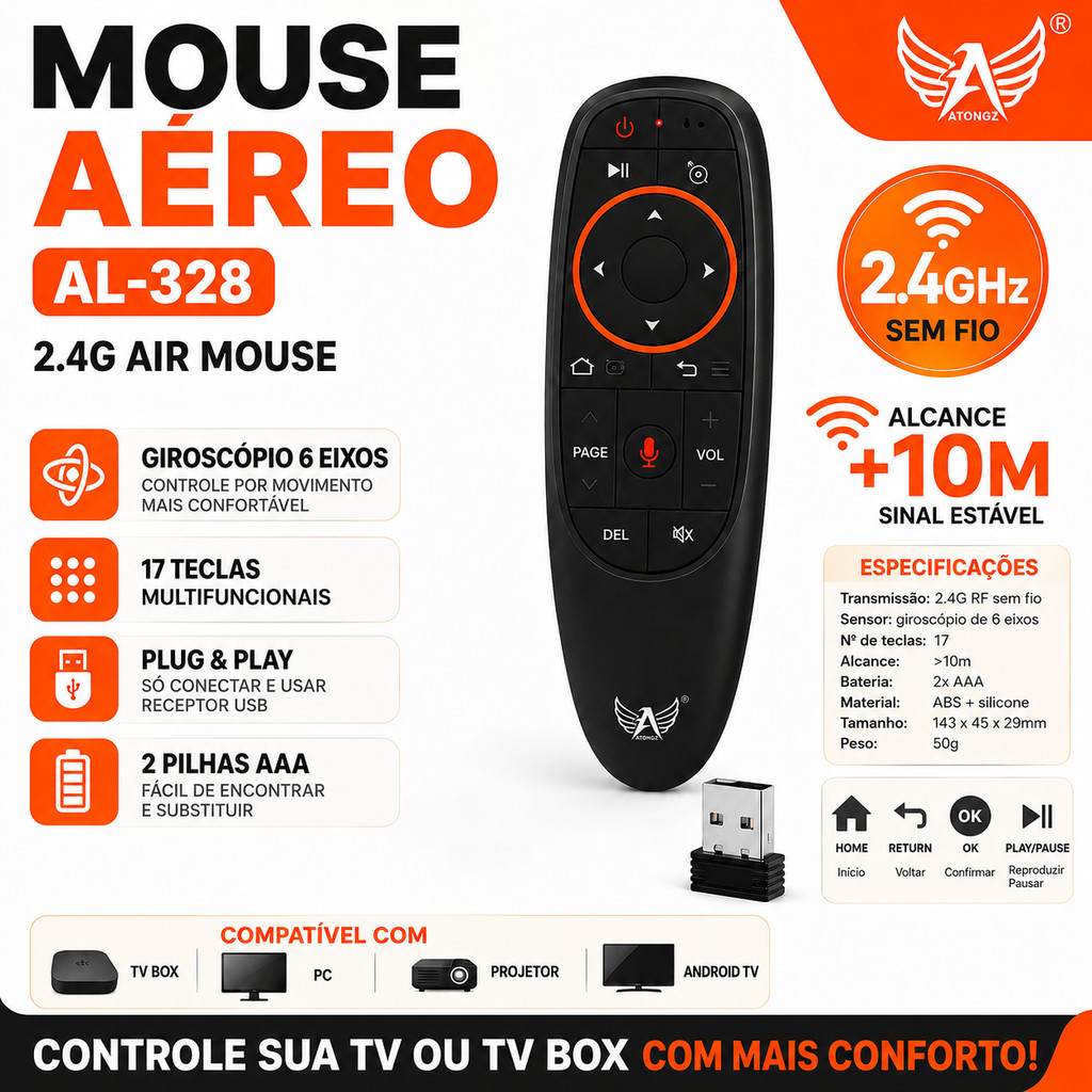Controle Remoto Air Mouse AL-328 2.4G Sem Fio com 